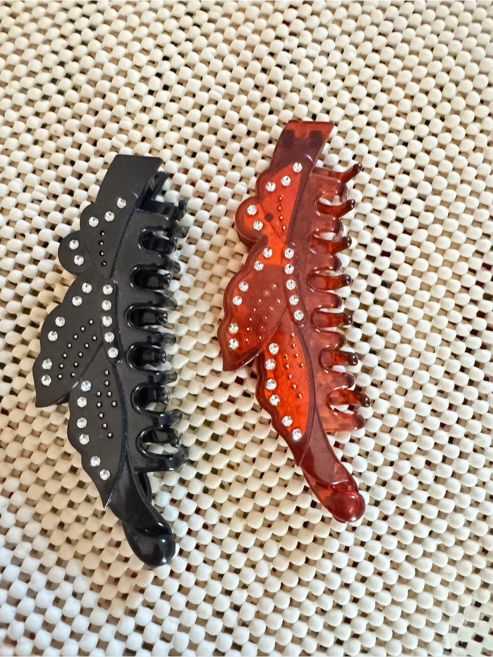 Rhinestone Leaf Hair Claw Clip Set Black & Amber Tortoise Acrylic Large